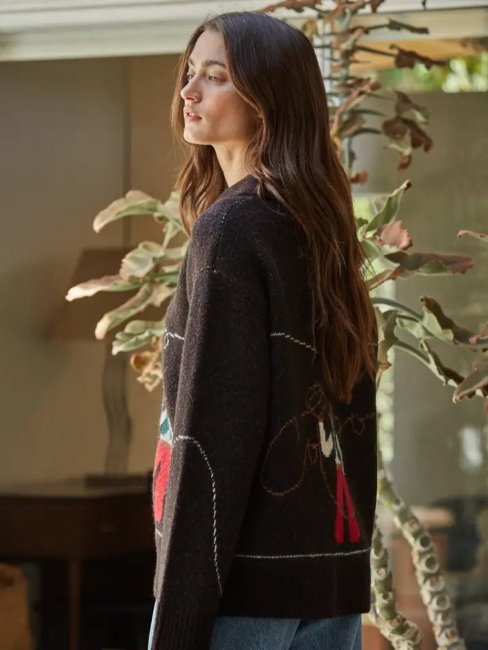 Knit Sweater Print Zip-Up Collar Neck Long Sleeve NEW - Picture 3 of 4